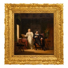 Antique French Oil on Canvas Shakespearian Lovers Historical Interior Scene 1810