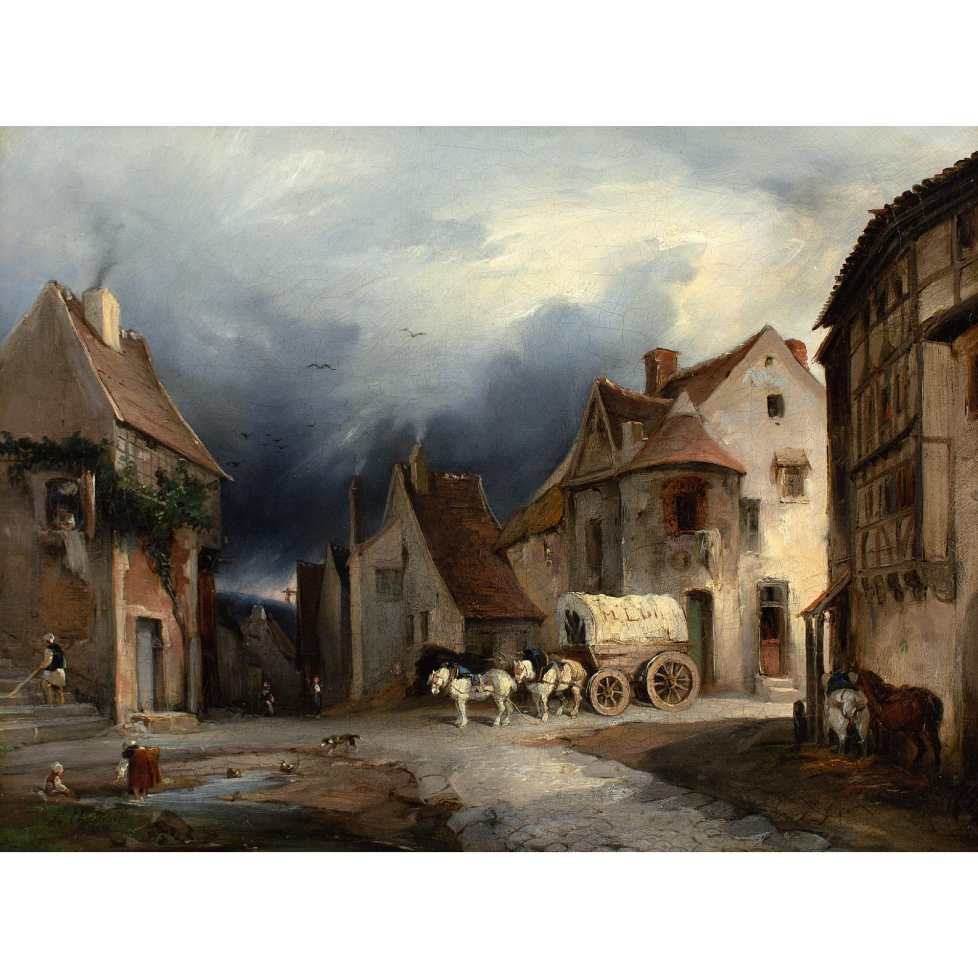 This mid-19th-century oil painting by French artist Henri-Jean Chasselat (1813-1880) depicts a continental town scene.

Four white horses, hitched to a covered wagon, wait patiently at a crossroads for their driver to return. Around them, an