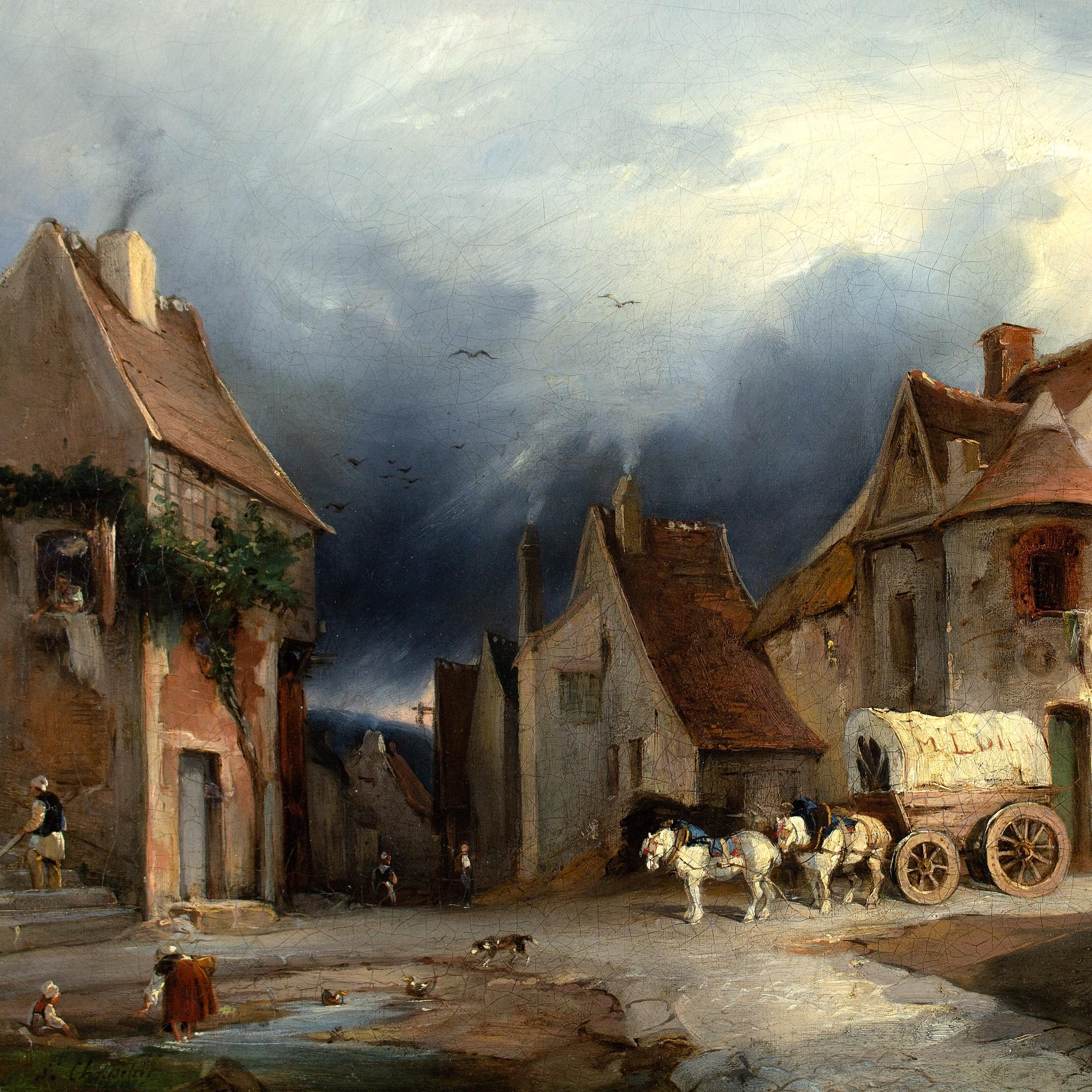 Henri-Jean Chasselat, Town Scene With Buildings, Horse, Wagon & Figures For Sale 3