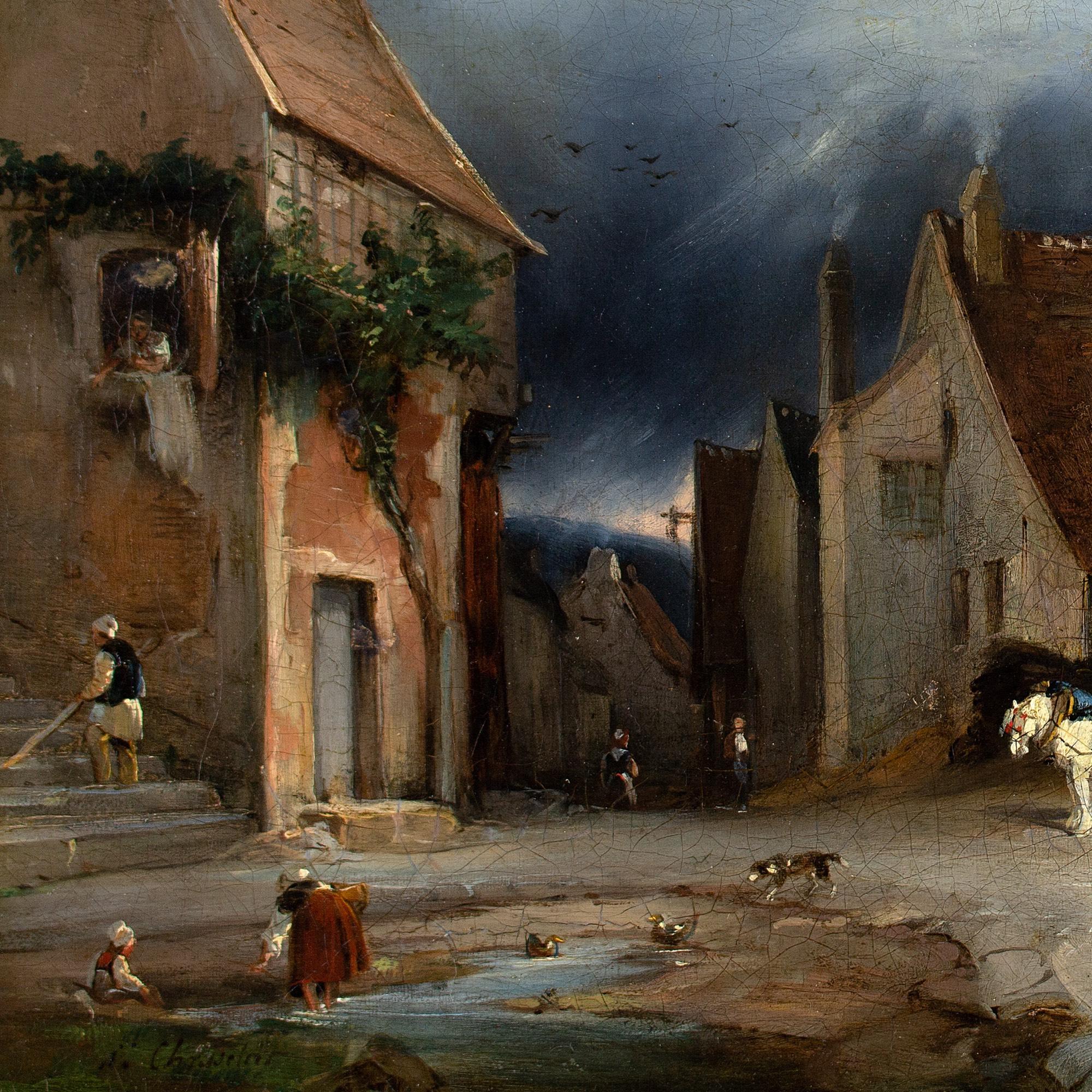 Henri-Jean Chasselat, Town Scene With Buildings, Horse, Wagon & Figures For Sale 4
