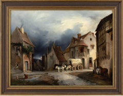 Antique Henri-Jean Chasselat, Town Scene With Buildings, Horse, Wagon & Figures
