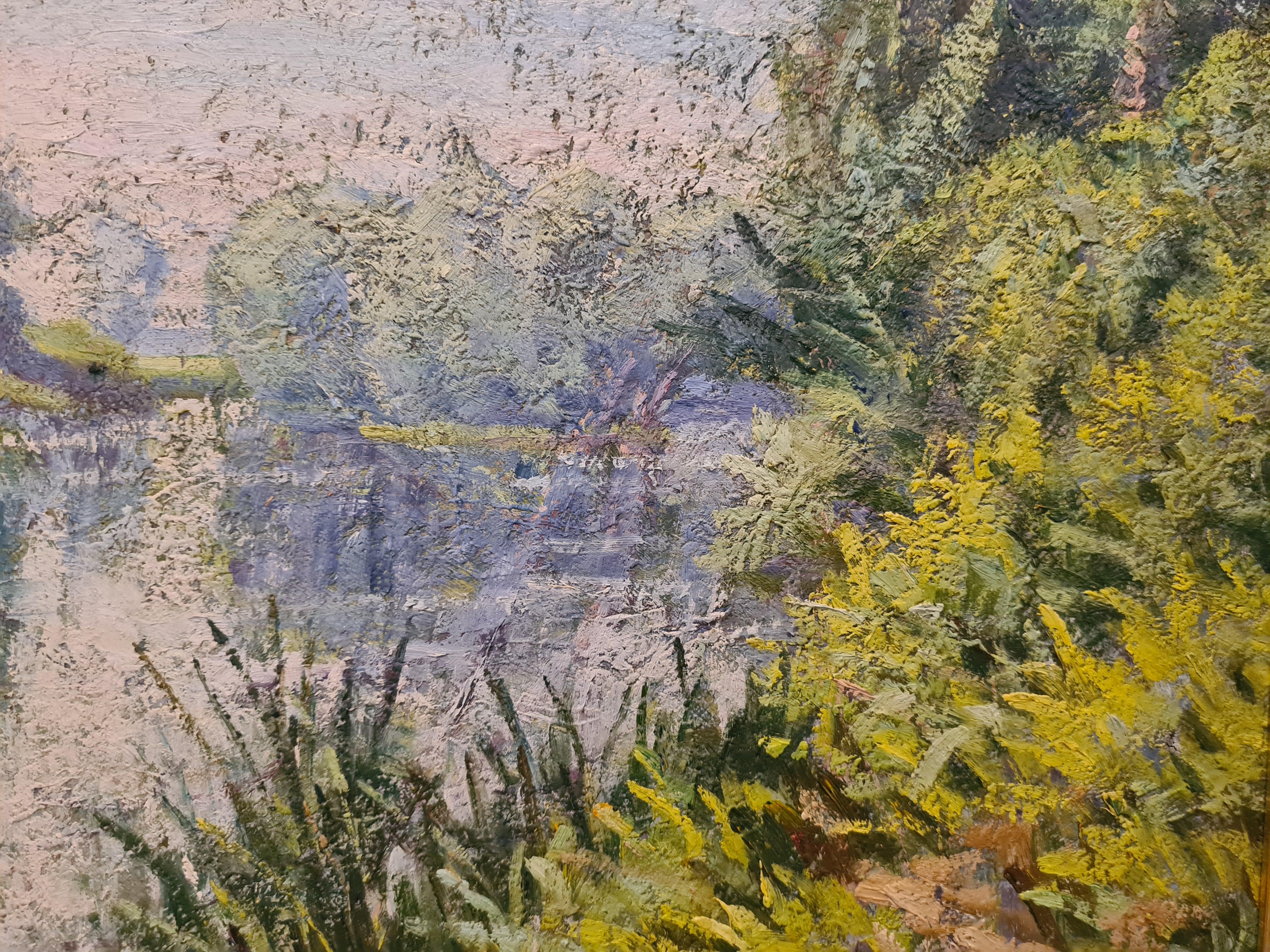 Early 20th Century French, Post Impressionist, view of a river and its bank, almost Pointillist in style, oil on board. The work is not signed but is on good quality 'atelier board' and is reminiscent of the paintings at this period of Henri Martin