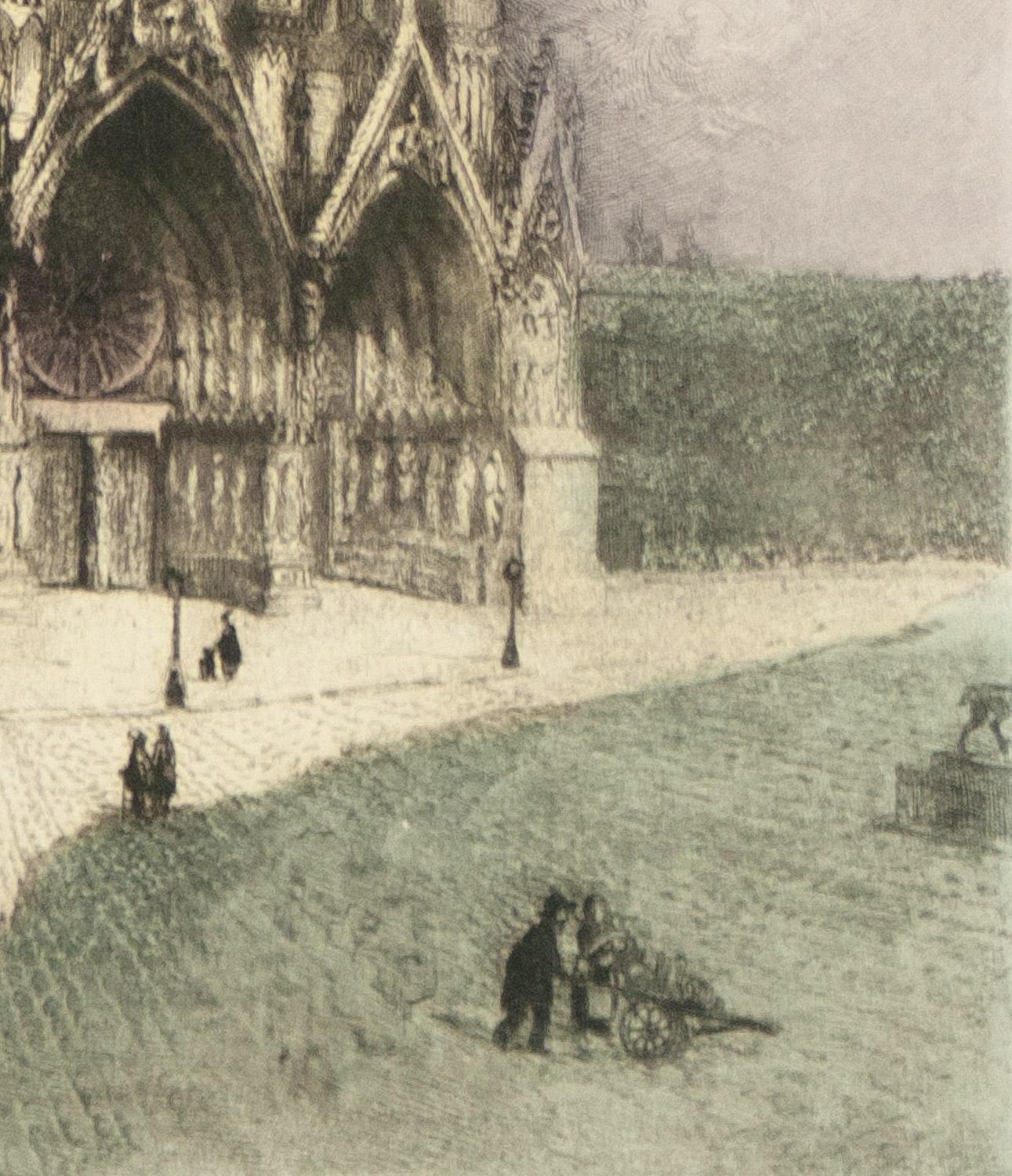 Gravure originale de la cathédrale Notre-Dame de Rheims signée par Pontoy - Beige Landscape Print par Henri-Jean Pontoy