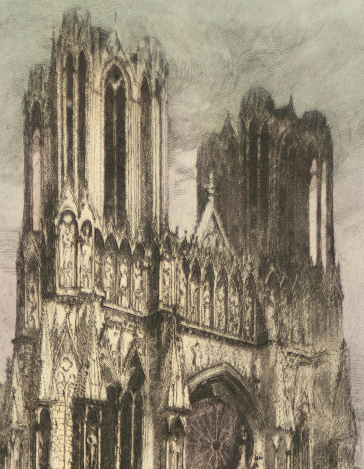     La cathédrale Notre Dame de Reims est une gravure originale signée de l'artiste français Henri Jean Pontoy.
 ( 1888-1968 ). Pontoy était le dernier peintre de l'école orientaliste néo-classique et faisait partie du salon tunisien. Cette gravure
