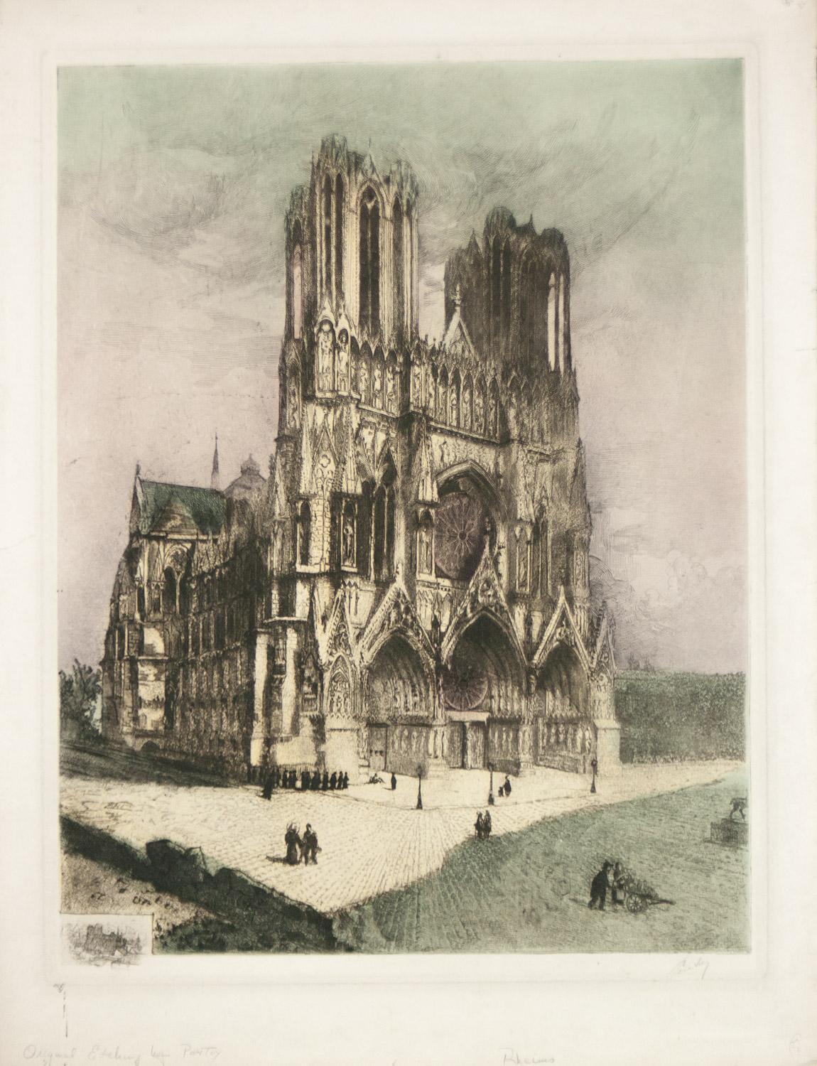 Landscape Print Henri-Jean Pontoy - Gravure originale de la cathédrale Notre-Dame de Rheims signée par Pontoy