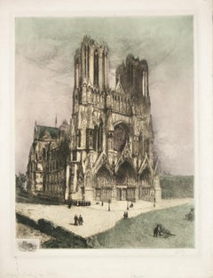 Notre-Dame de Rheims Cathedral original signed etching by Pontoy