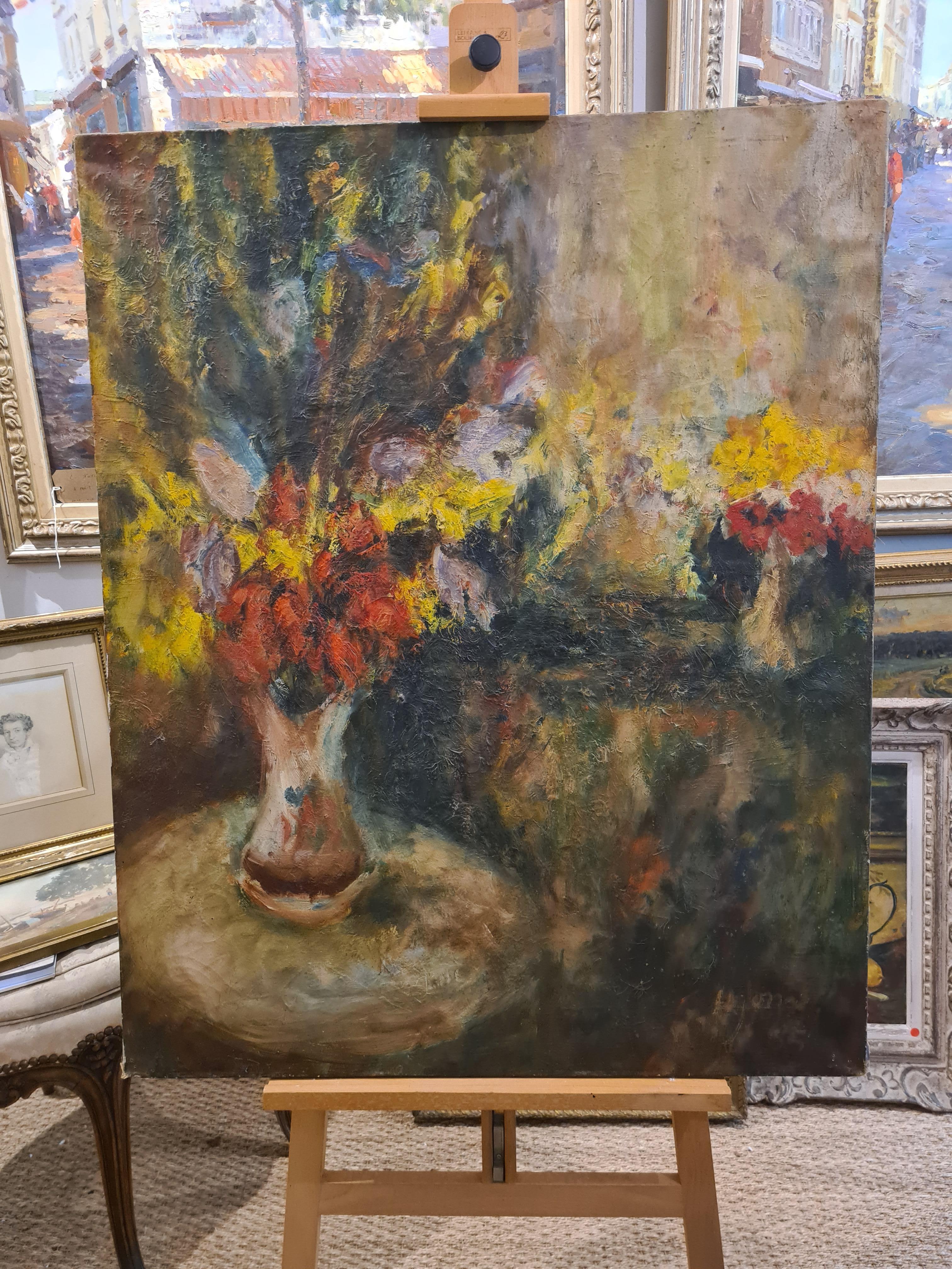 Olio su tela di grande formato della metà del secolo scorso, un interno con fiori in un vaso - Painting Impressionismo di Henri Jonas