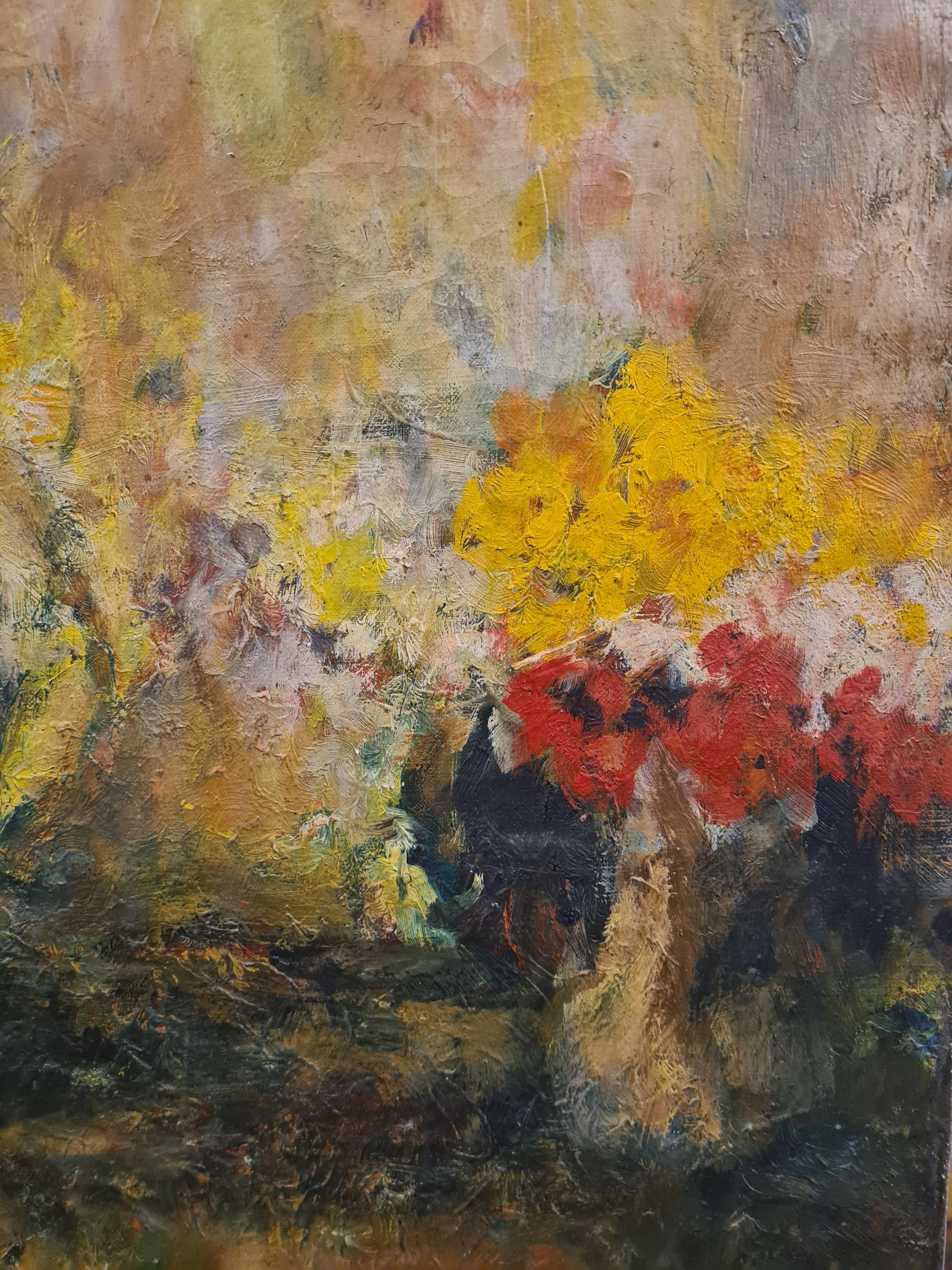 Olio su tela di grande formato della metà del secolo scorso, un interno con fiori in un vaso - Still-Life Painting Marrone di Henri Jonas