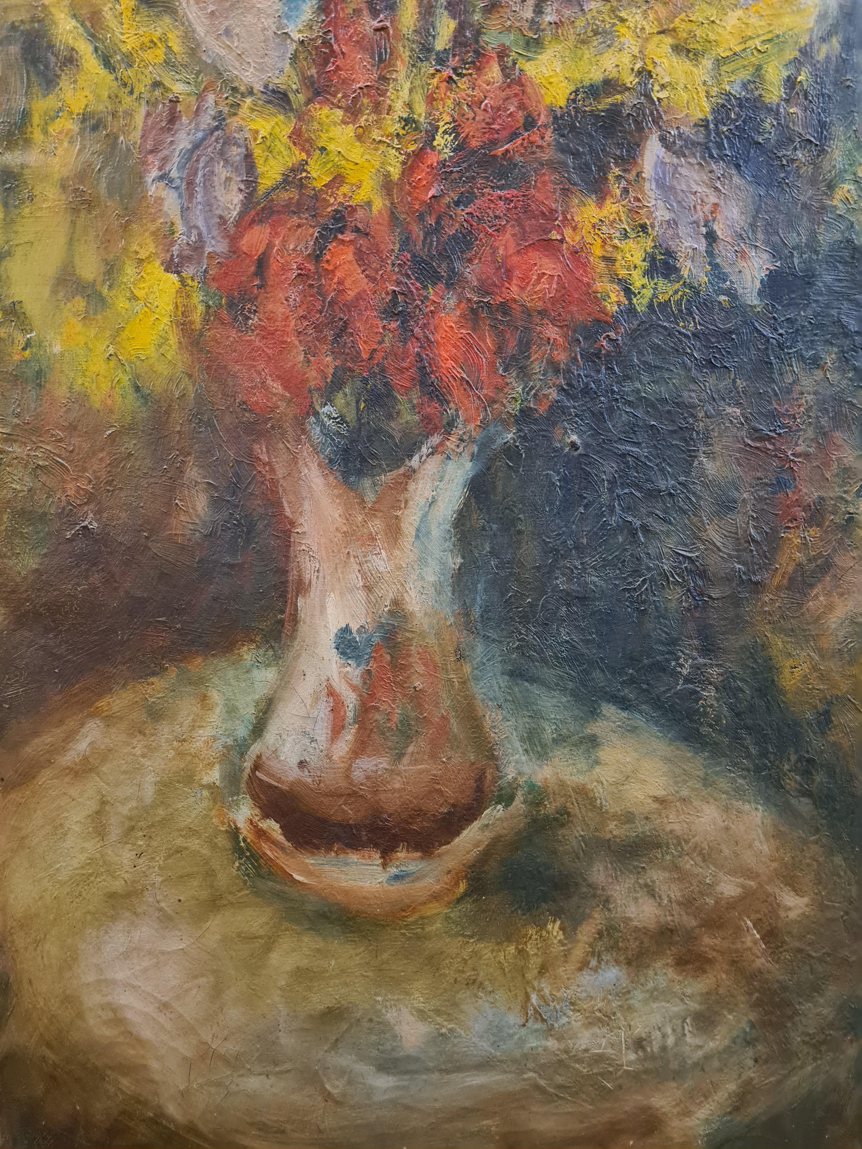 Grande natura morta impressionista francese di metà secolo di un interno con fiori, olio su tela, di Henri Jonas. Firmato e datato in basso a destra. Inoltre è firmato e datato per intero sul retro della tela.

Un meraviglioso dipinto d'atmosfera,
