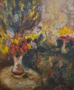 Vintage Large Scale French Mid Century Oil on Canvas, an Interior with Flowers in a Vase