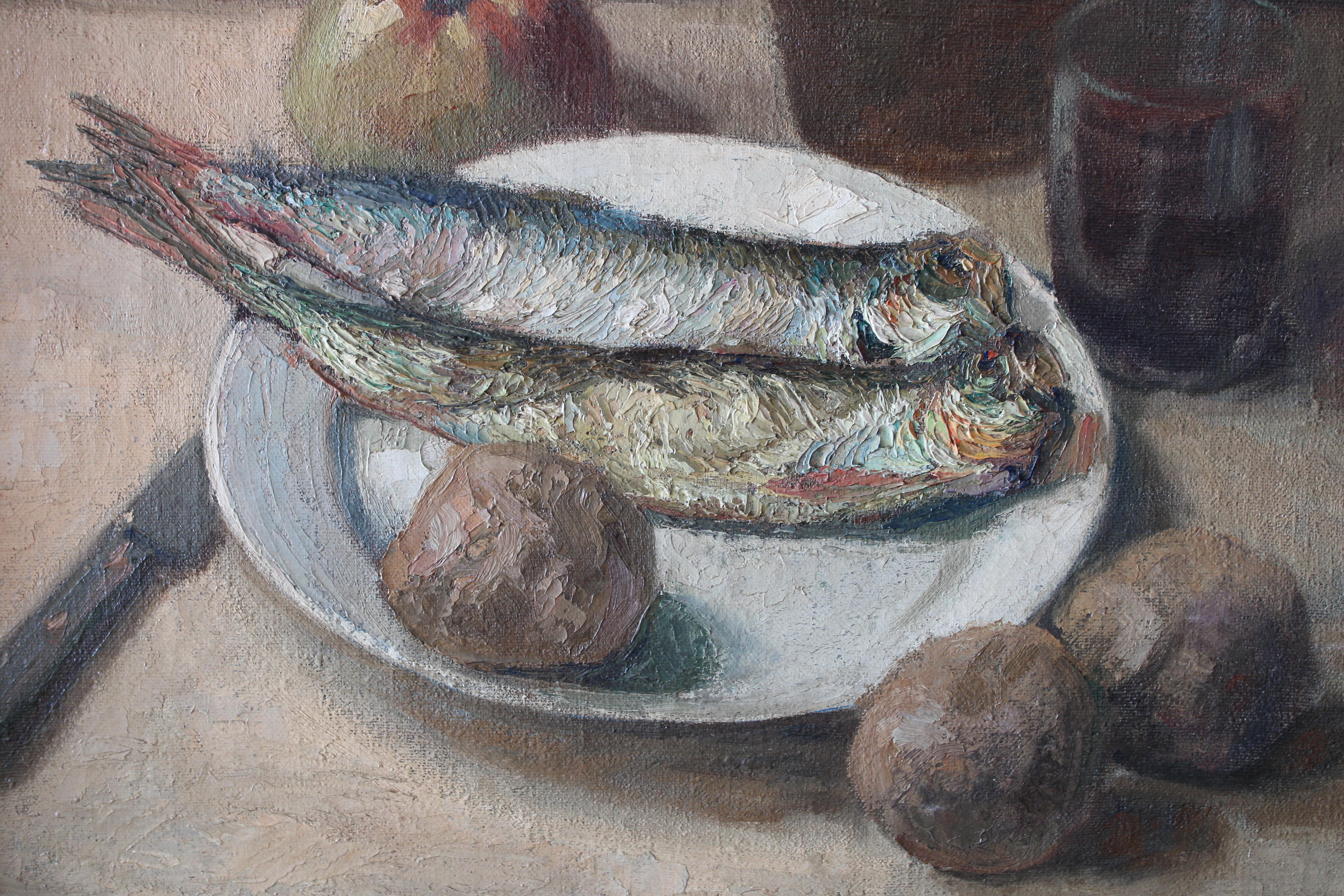 Fish oil painting by French artist, Henri Joseph Delvarre (1898-1974).  A soft golden palette on a textured canvas with exquisite raised elements of impasto enforced colourful paint bring this painting to life.  A supper of fish and baked potatoes