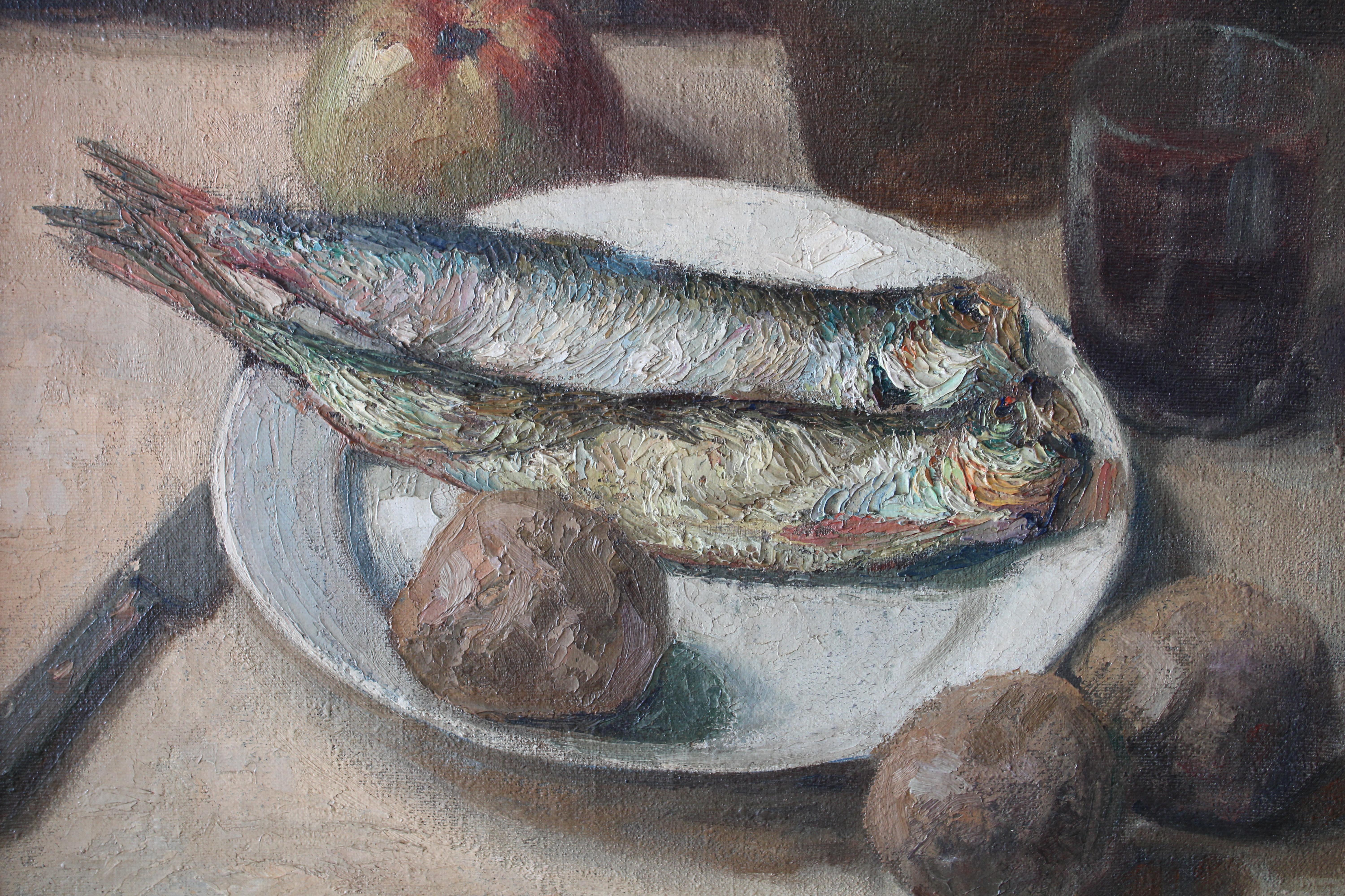 Fish Still Life Painting, Fish Oil Painting, Kitchen Still Life of Herrings 1
