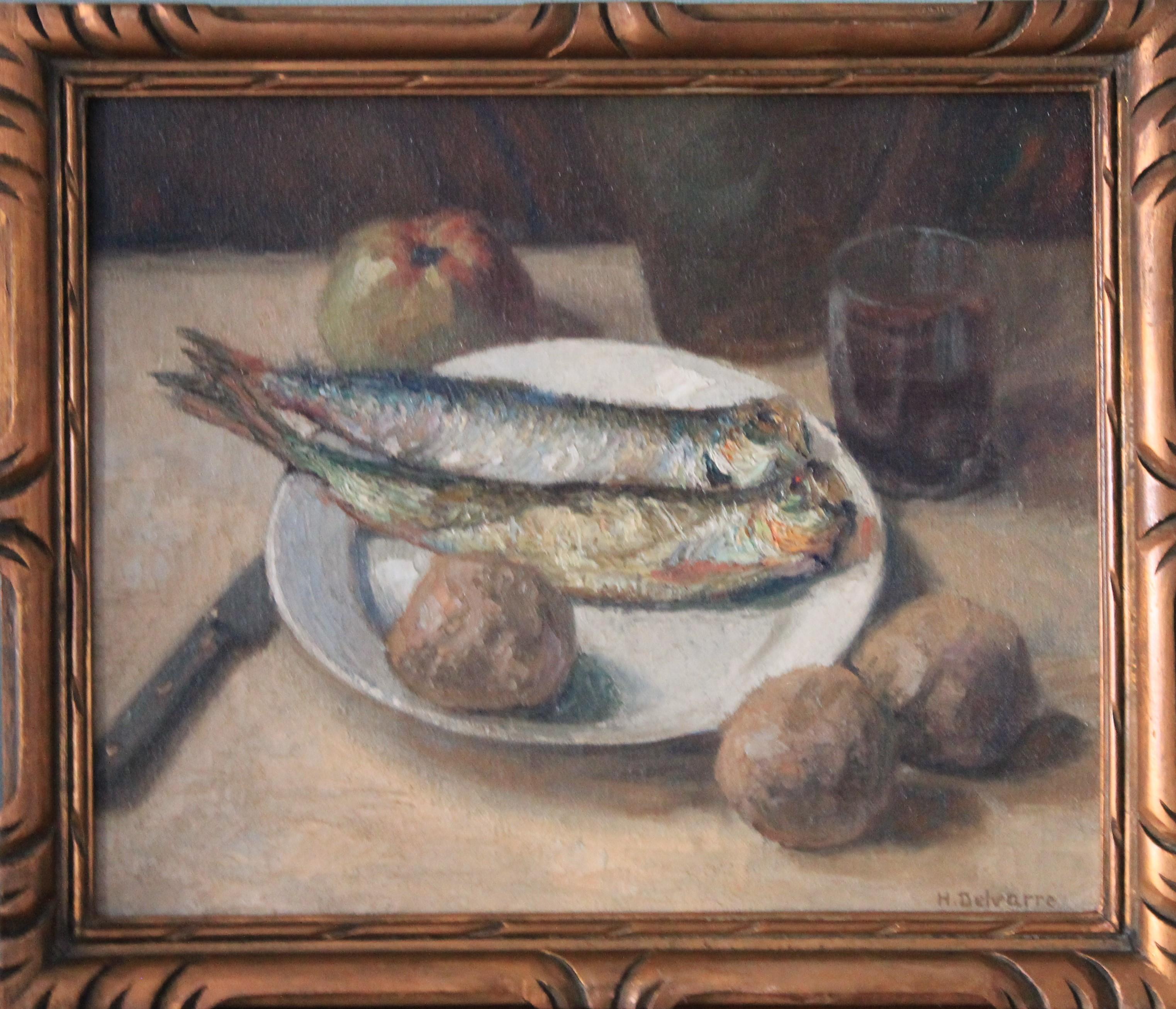 Henri Joseph Delvarre Still-Life Painting - Fish Still Life Painting, Fish Oil Painting, Kitchen Still Life of Herrings