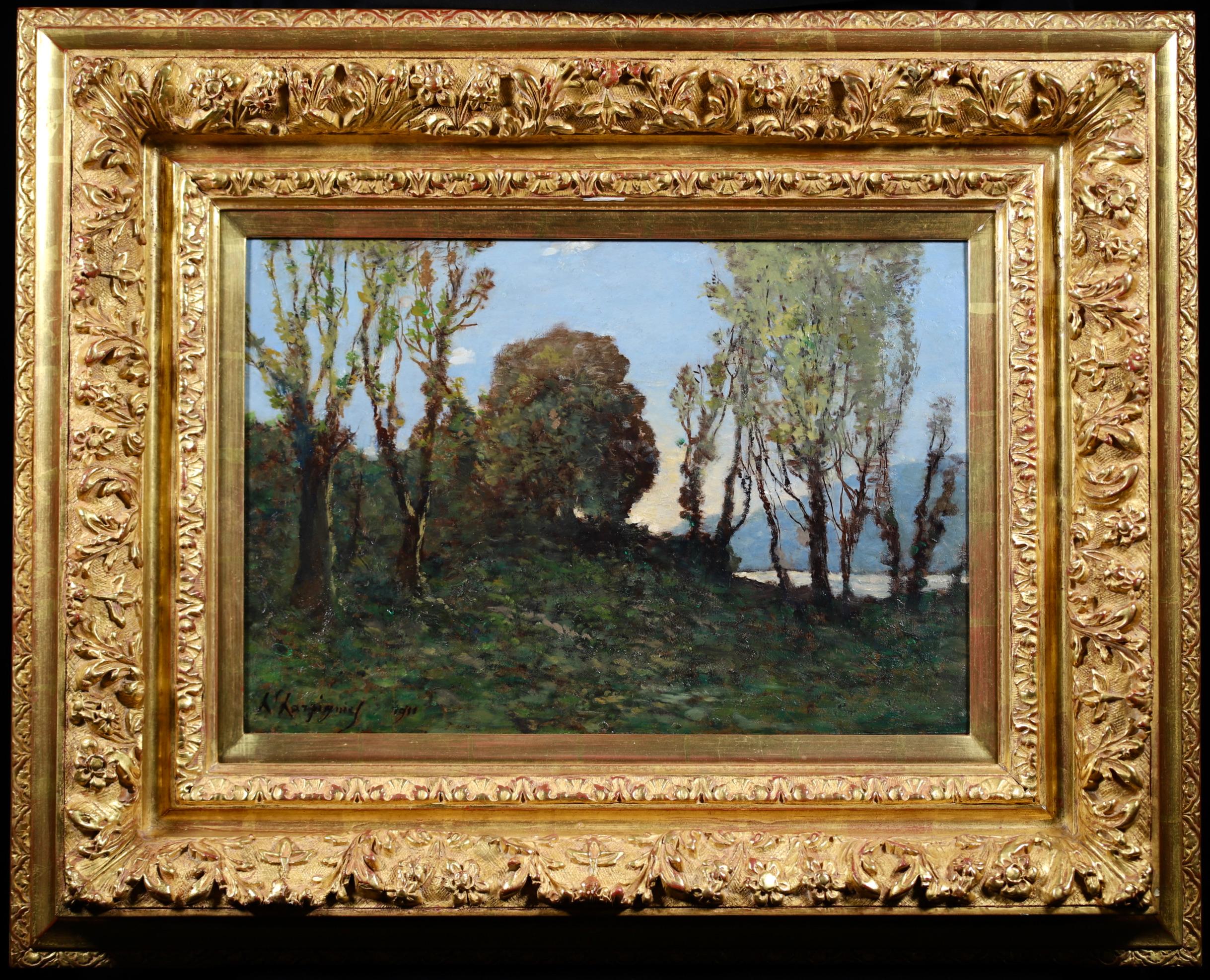 Signiert und datiert Barbizon Schule Landschaft Öl auf Platte von Französisch Maler Henri Joseph Harpignies. Das Werk zeigt die Bäume am Ufer des Loing bei Saint Prive in Nordfrankreich.

Unterschrift:
Signiert und datiert 1911 unten