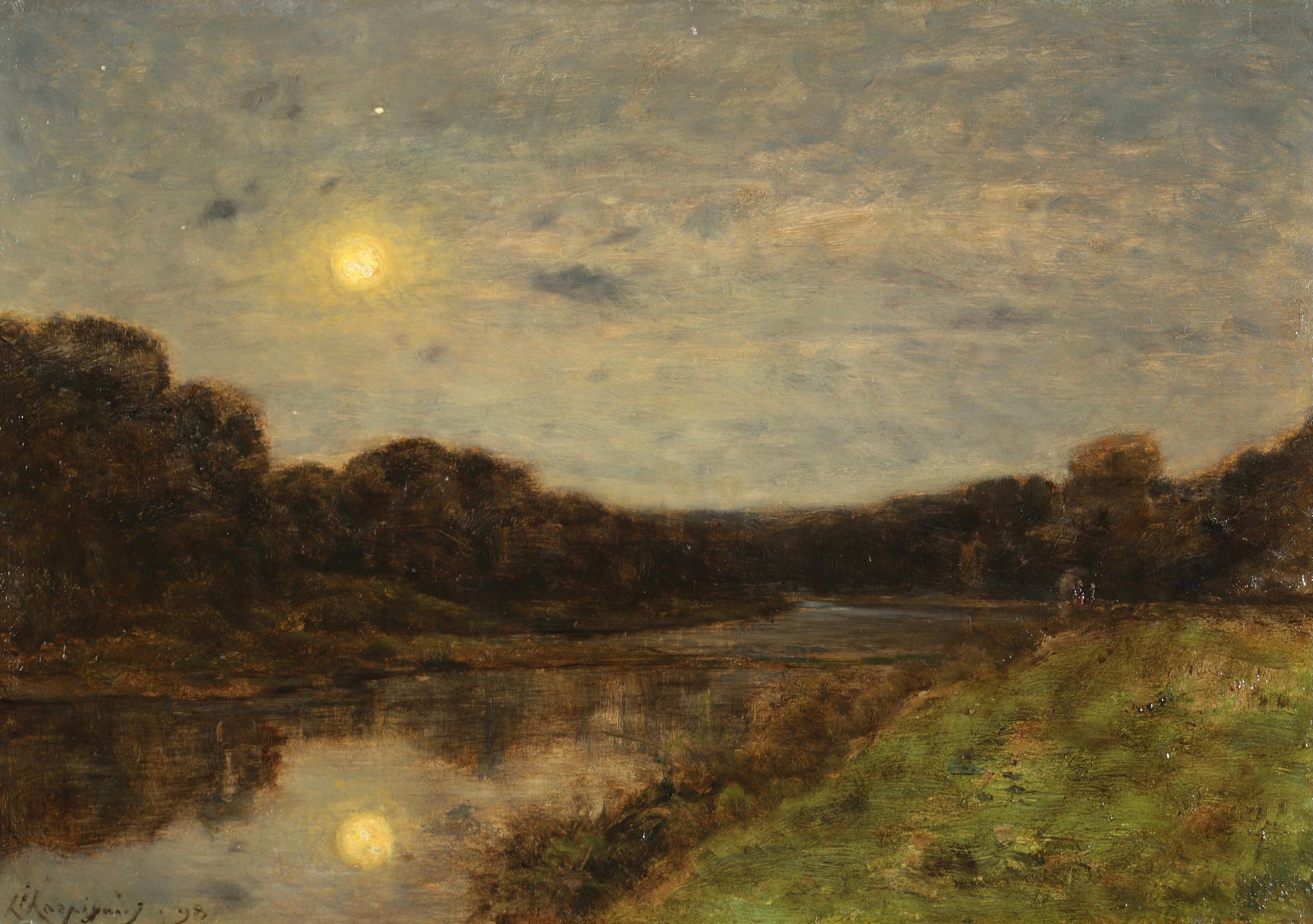 Signed and dated Barbizon School riverscape oil on panel by French painter Henri Joseph Harpignies. The work depicts moonlight reflecting in a still, tree lined river and making the clouds in the sky glow yellow against the dark blue of the sky. A
