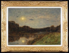 Clair de Lune - Huile de Barbizon  Landsape de la rivière nuit d'Henri Joseph Harpignies