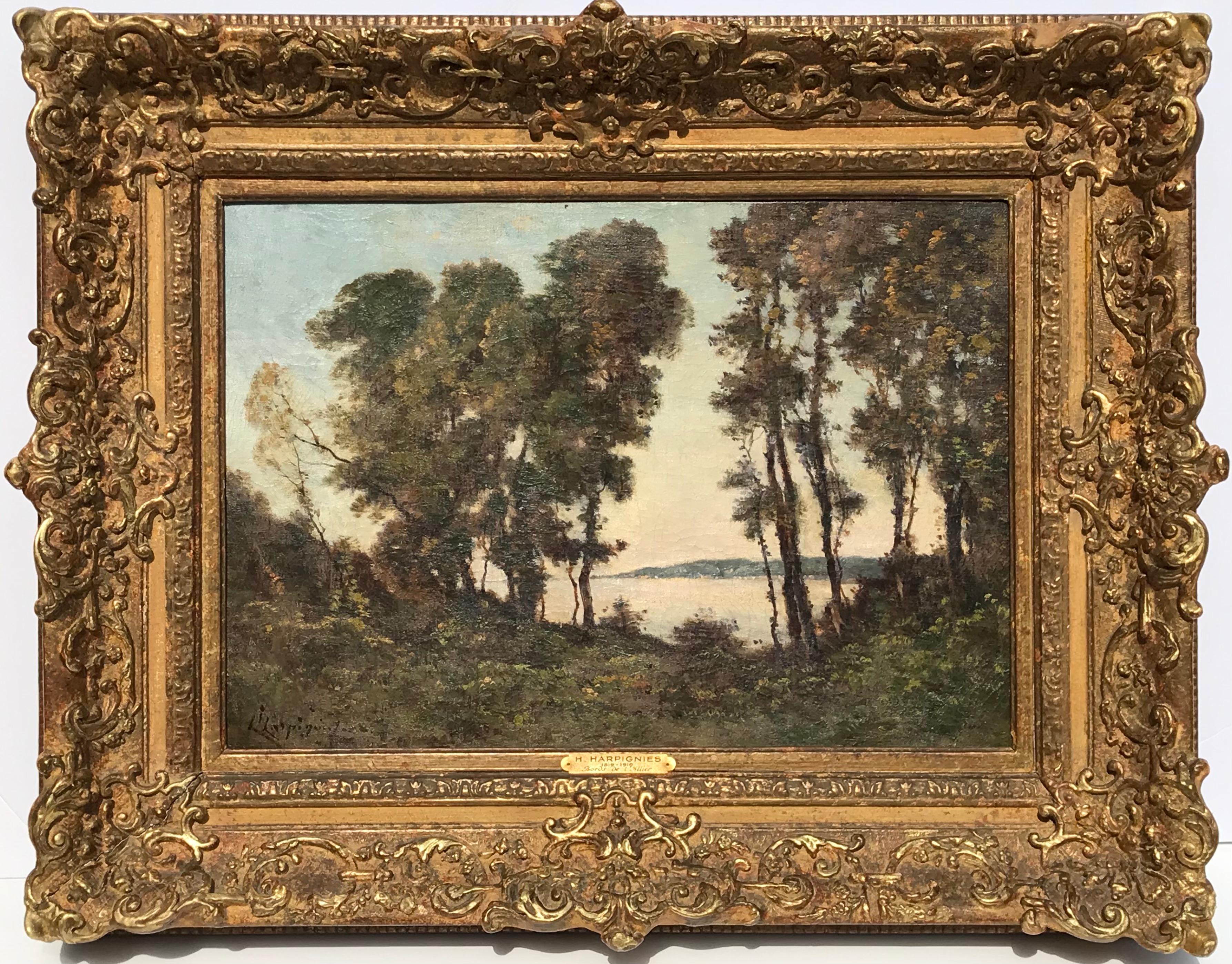 Henri Joseph Harpignies (Frankreich 1819 - 1916)
Ölfarbe auf Leinwand
Titel: "Bords de l'allier" 
Impressionistische Landschaftsmalerei von Barbizon.
Signiert unten links H J Harpignies.

Visiergröße: 15,25 x 21,25 Zoll.
Gerahmte Gesamtgröße: 24,5 x