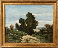 VALLE DI LOIRE grande olio francese di Barbizon su tela del XIX secolo dipinto cielo blu