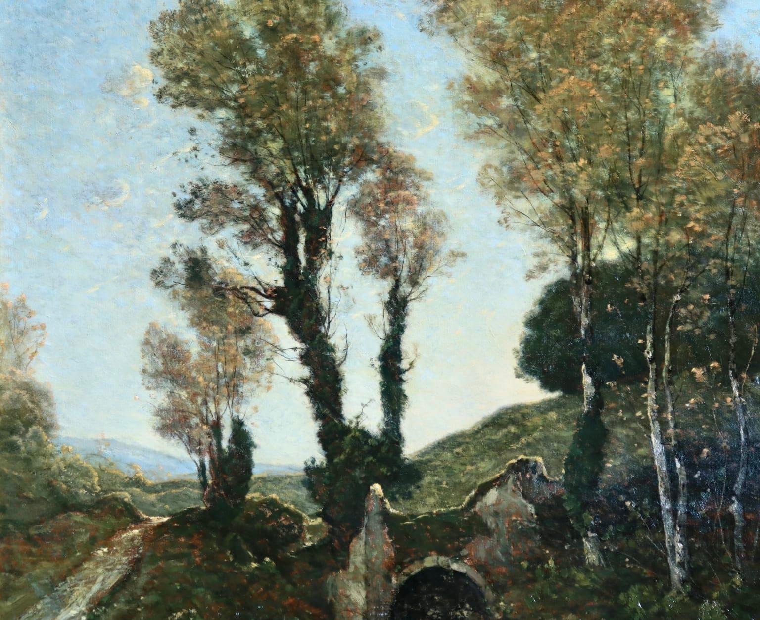 Sous bois au soleil couchant - Barbizon Oil, Stream in Landscape by Harpignies - Barbizon School Painting by Henri Joseph Harpignies