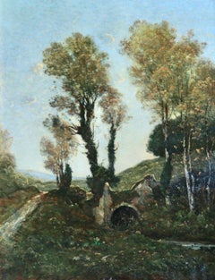 Sous bois au soleil couchant - Huile de Barbizon, « Stream in Landscape » par Harpignies