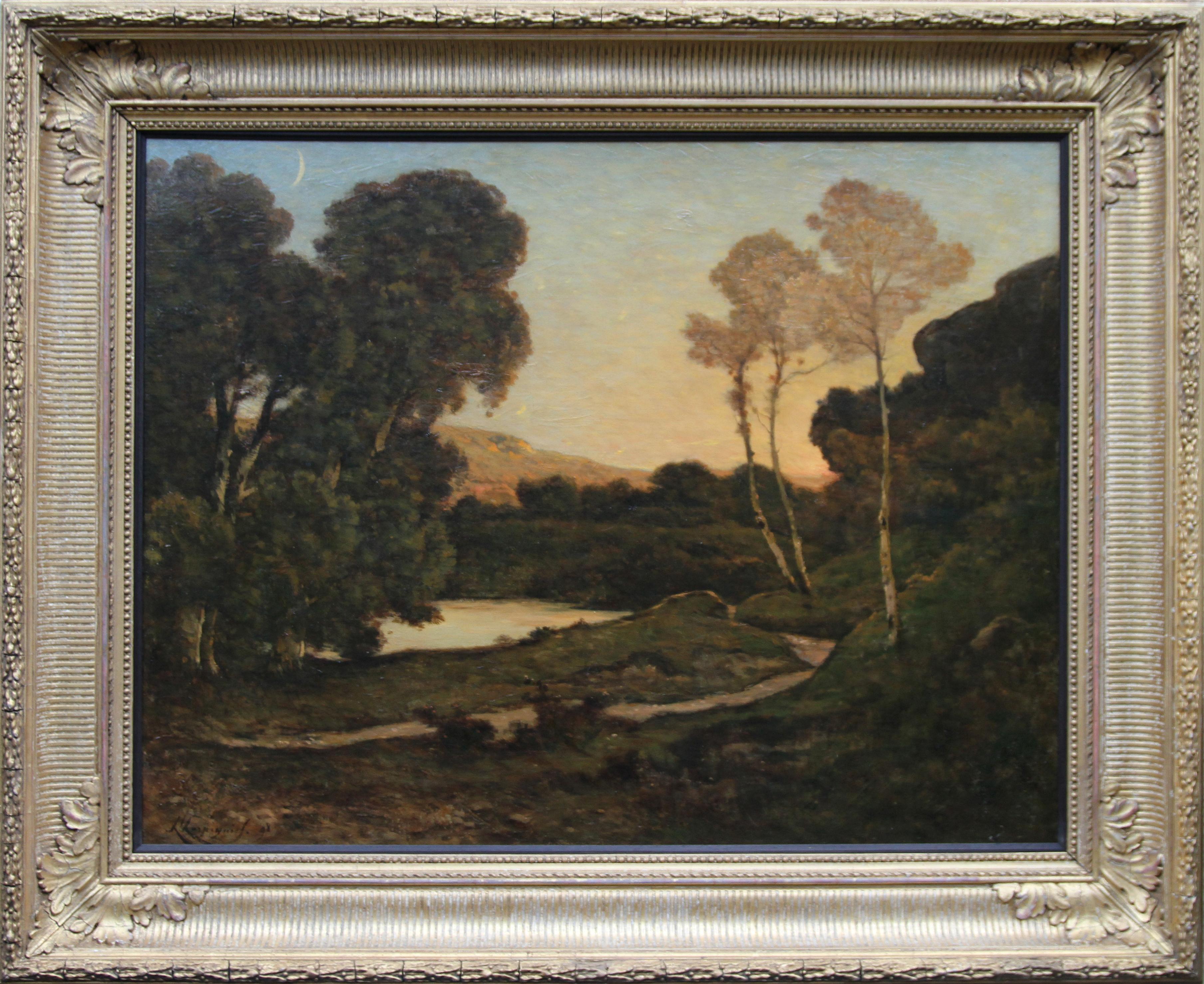 Sunset Landscape- French 19th century Barbizon art river landscape oil painting  - Black Landscape Painting by Henri Joseph Harpignies