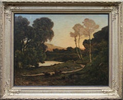 Sunset Landscape- French 19th century Barbizon art river landscape oil painting