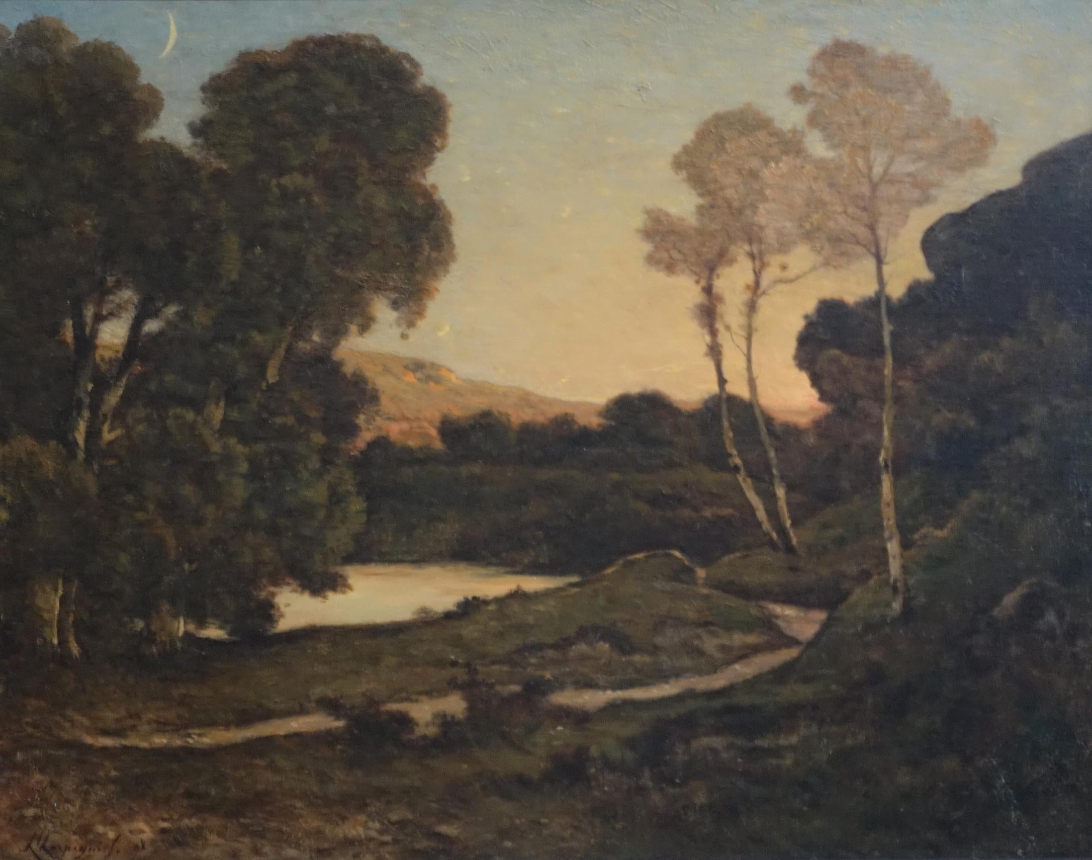 Sunset Landscape French 19thc Barbizon Art River Landscape Oil Painting