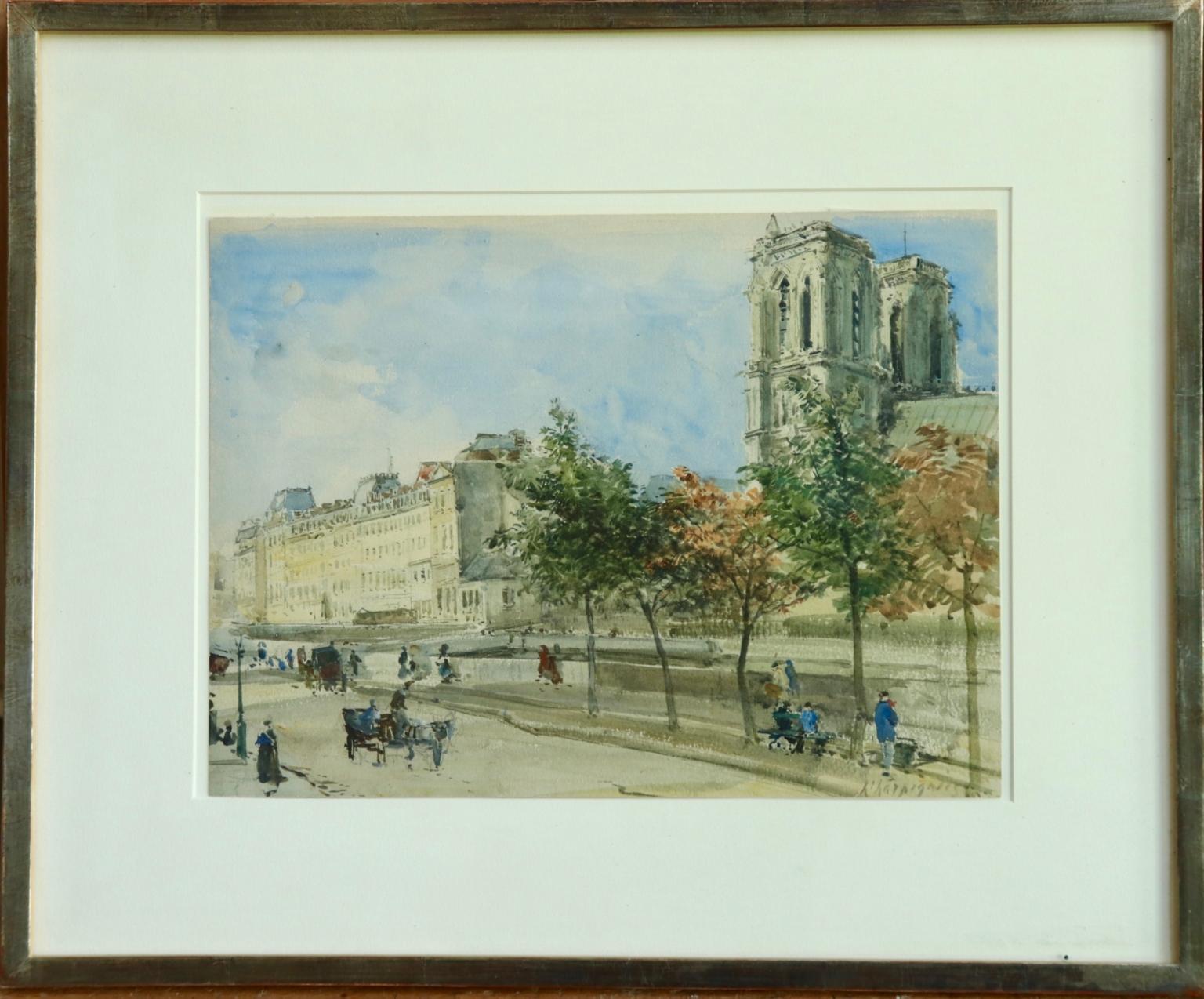 Vue du de la Cit avec la cathédrale Notre-Dame, Paris par Henri Harpignies - Painting de Henri Joseph Harpignies