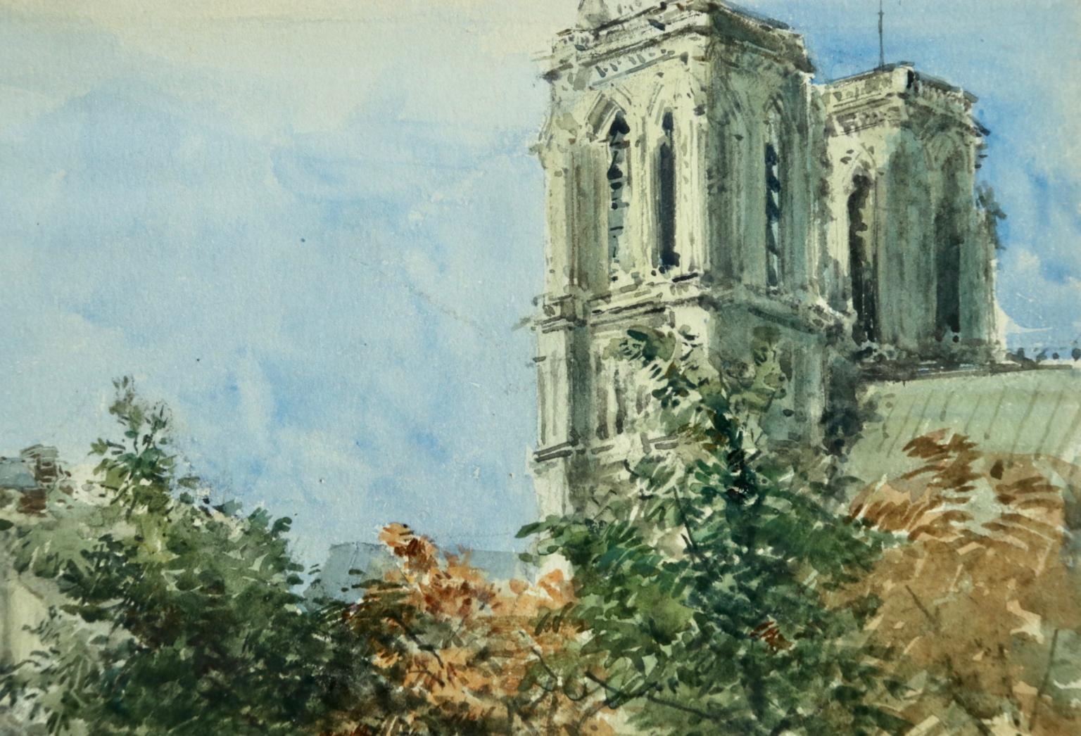 Vue du de la Cit avec la cathédrale Notre-Dame, Paris par Henri Harpignies - École de Barbizon Painting par Henri Joseph Harpignies