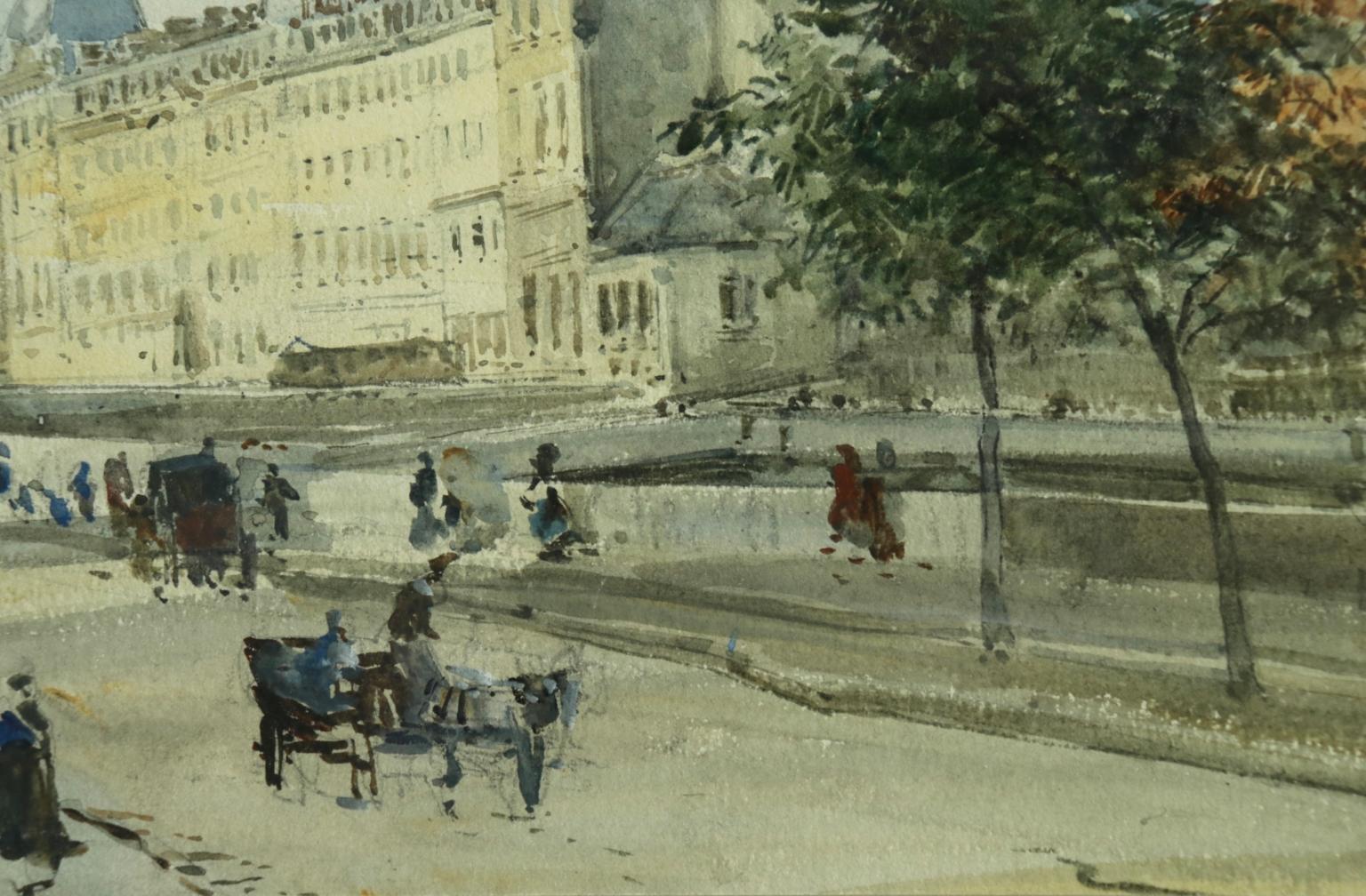 Une belle aquarelle et craie sur papier vers 1860 par le peintre français de Barbizon Henri Joseph Harpignies. L'œuvre représente des personnages au bord de la Seine, à Paris, avec une vue sur l'île de la Cité et la cathédrale Notre-Dame derrière,