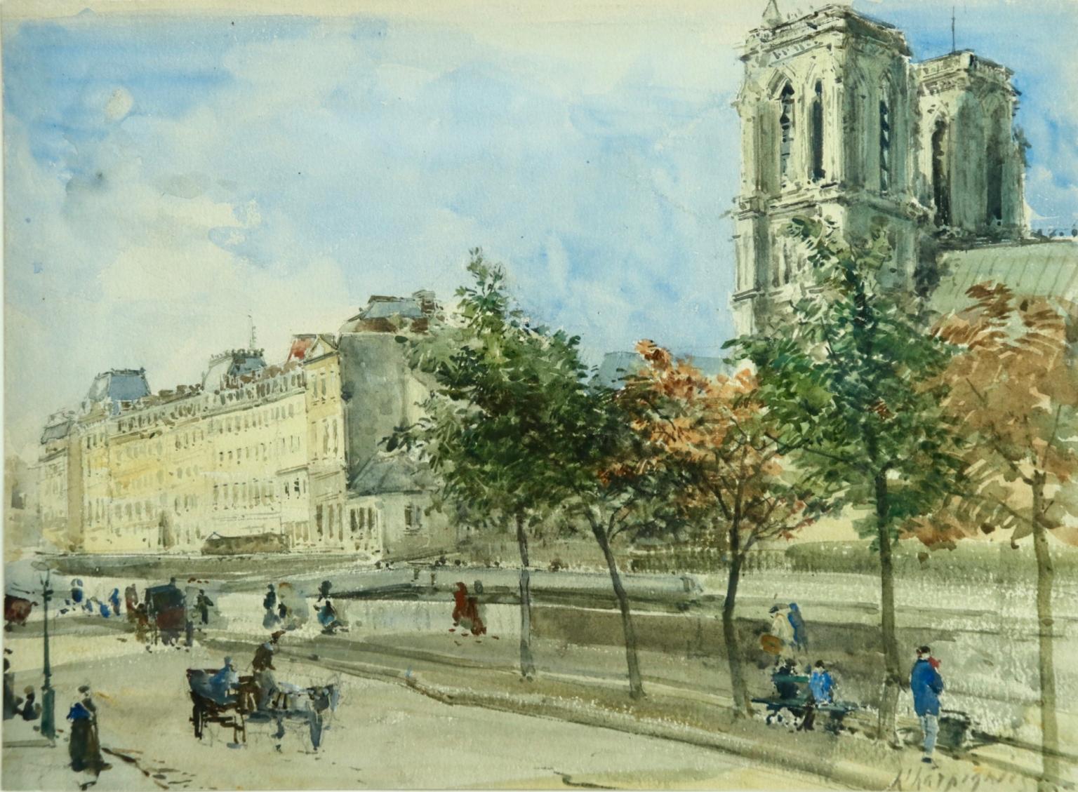 Vue du de la Cit avec la cathédrale Notre-Dame, Paris par Henri Harpignies