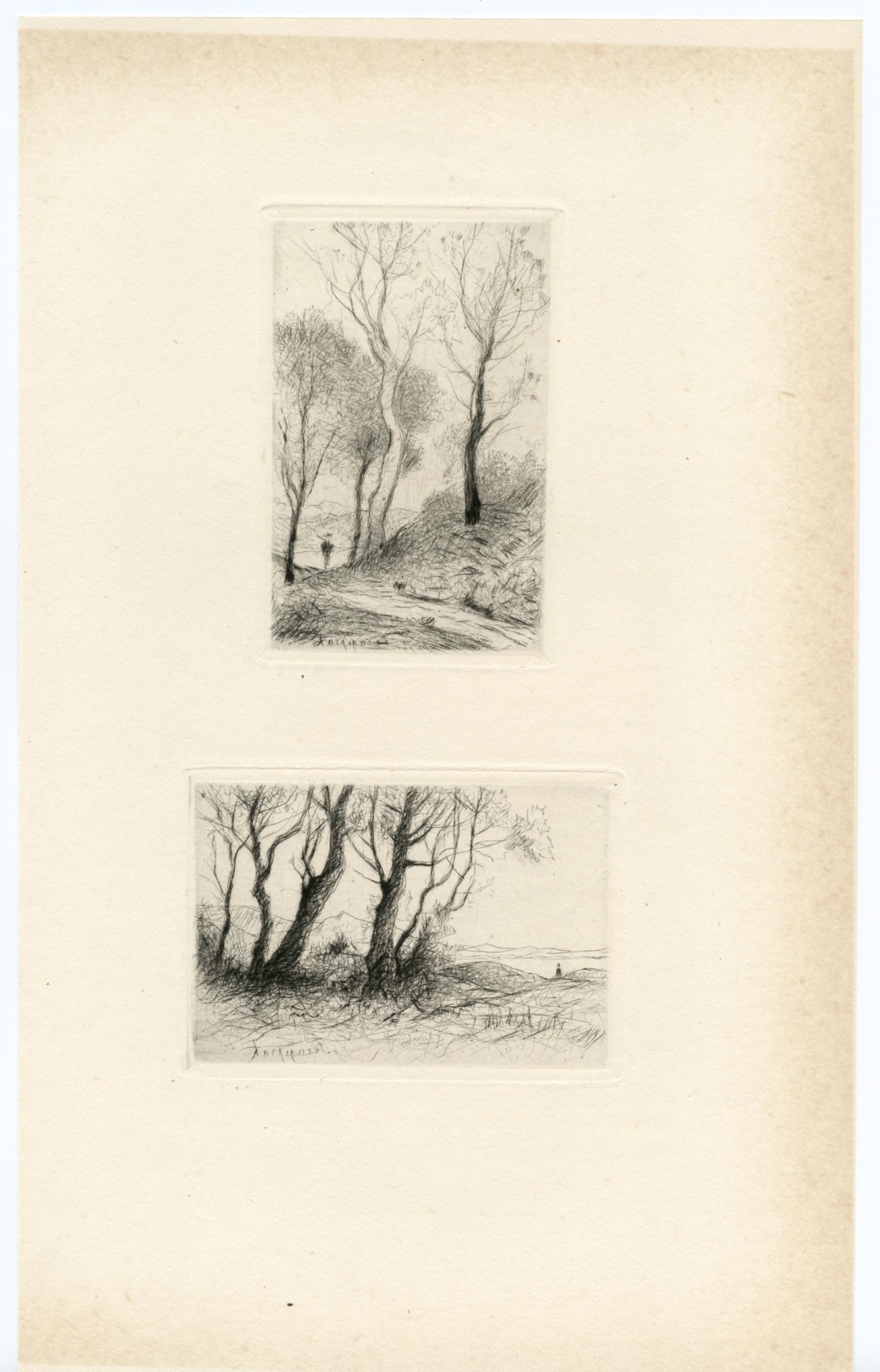 Medium: original etching and drypoint. This pair of drypoints was printed in Paris in 1917 and published by Gazette des Beaux Arts. Plate sizes: 3 1/2 x 2 1/4 inches (89 x 58 mm) and 2 1/4 x 3 3/8 inches (58 x 85 mm) on cream wove paper. Signed in