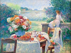 "Tè pomeridiano in riva al mare" Pittura ad olio di paesaggio post-impressionista con cornice