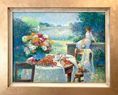 "Tè pomeridiano in riva al mare" Pittura ad olio di paesaggio post-impressionista con cornice