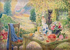 "Afternoon Tea" Peinture à l'huile impressionniste et colorée de paysage floral encadrée