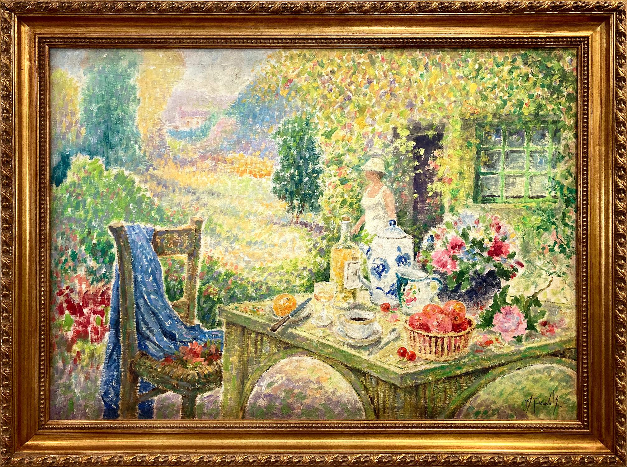 Landscape Painting Henri Joseph Pauwels - "Afternoon Tea" Peinture à l'huile impressionniste et colorée de paysage floral encadrée