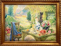 "Afternoon Tea" Peinture à l'huile impressionniste et colorée de paysage floral encadrée