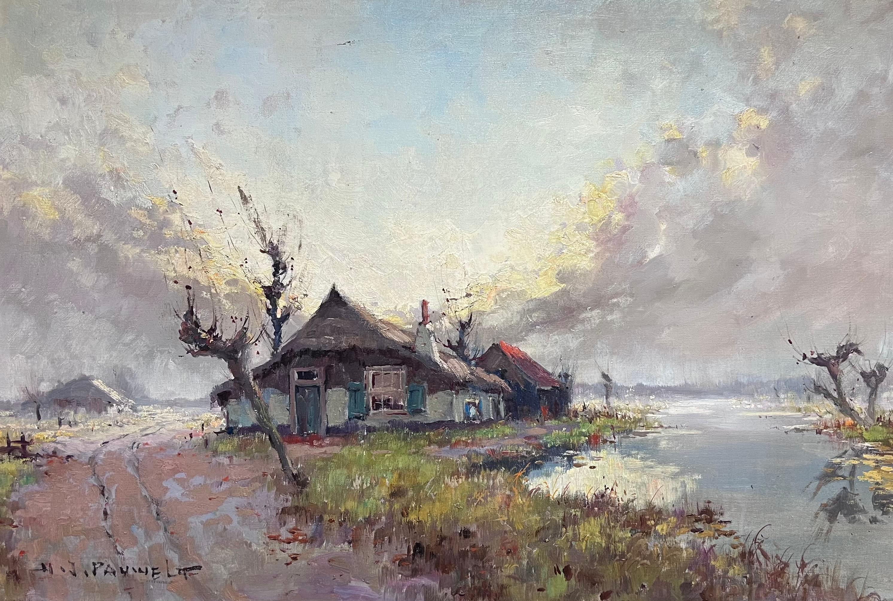 Enorme pittura ad olio firmata dall'impressionista belga Paesaggio di cottage fluviale spazzato dal vento - Painting di Henri Joseph Pauwels