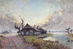 Huge Belgian Impressionist Signed Oil Painting Windswept River Cottage Landscape