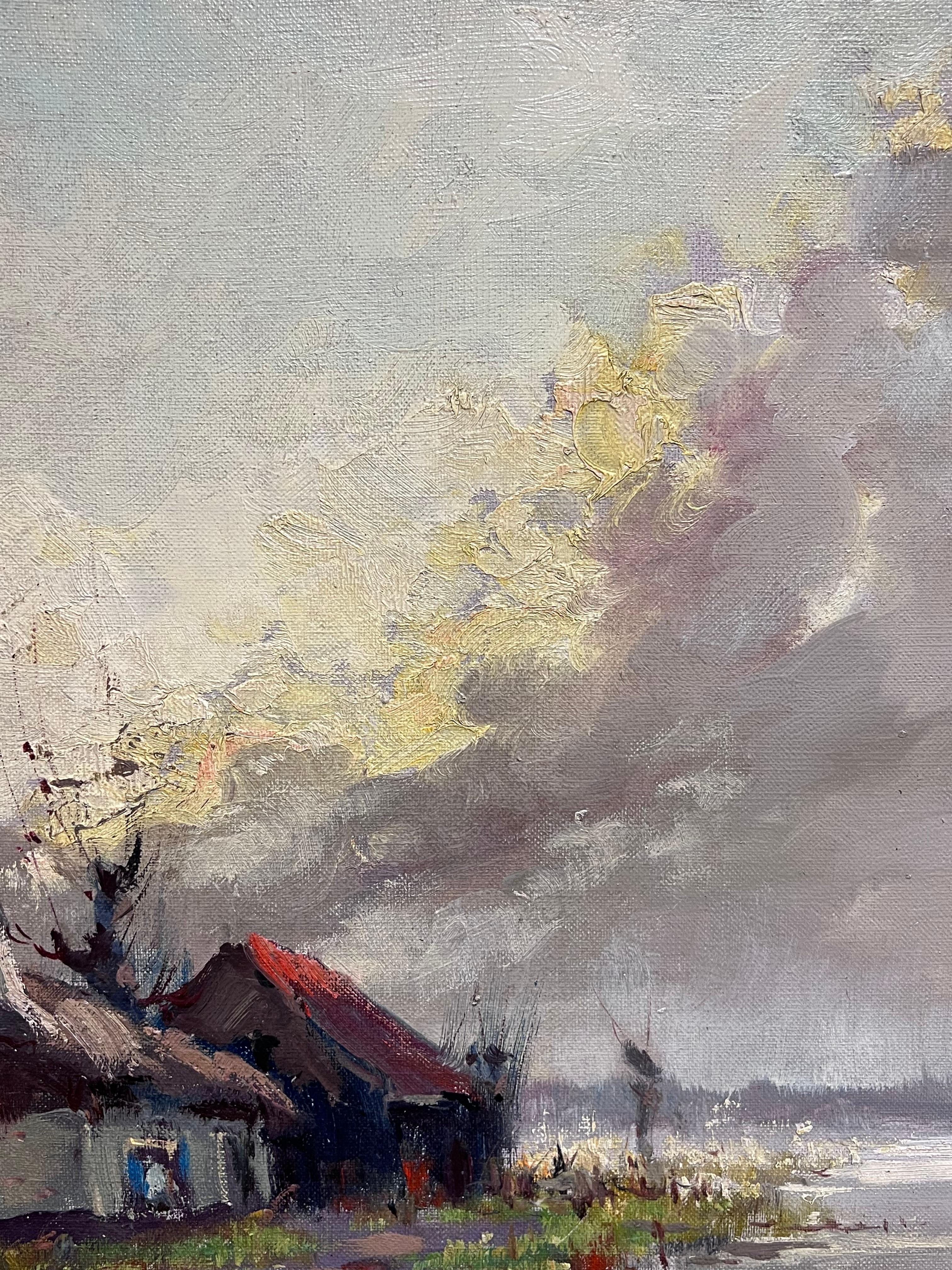 Enorme pittura ad olio firmata dall'impressionista belga Paesaggio di cottage fluviale spazzato dal vento - Landscape Painting Grigio di Henri Joseph Pauwels
