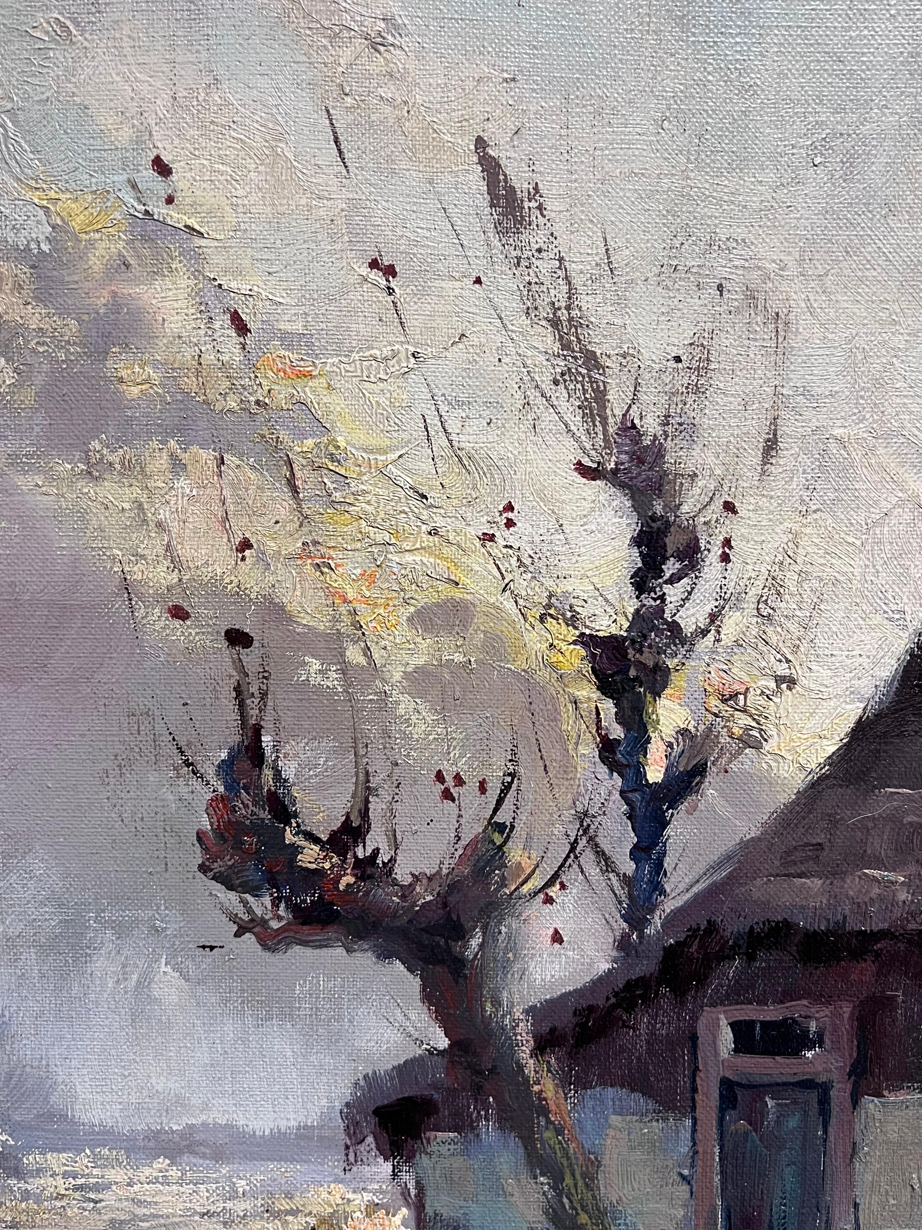 Enorme pittura ad olio firmata dall'impressionista belga Paesaggio di cottage fluviale spazzato dal vento in vendita 1