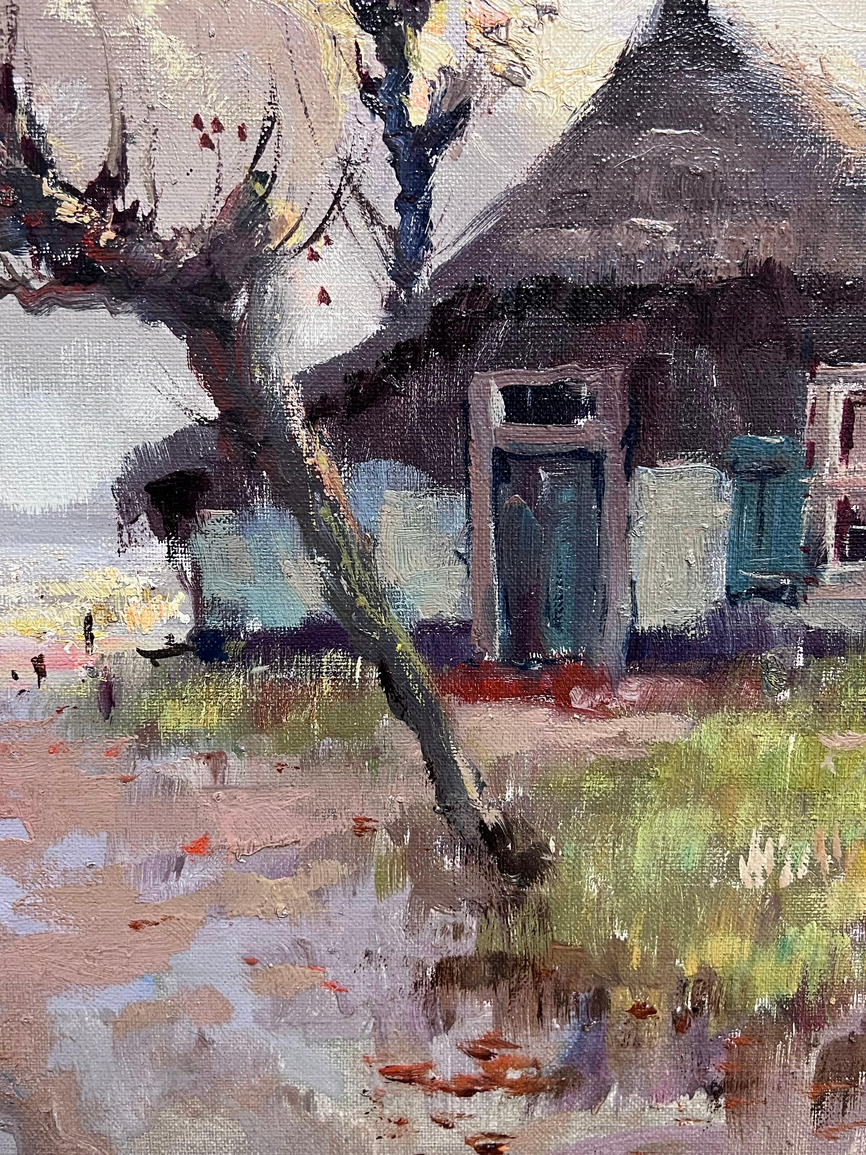 Enorme pittura ad olio firmata dall'impressionista belga Paesaggio di cottage fluviale spazzato dal vento in vendita 2