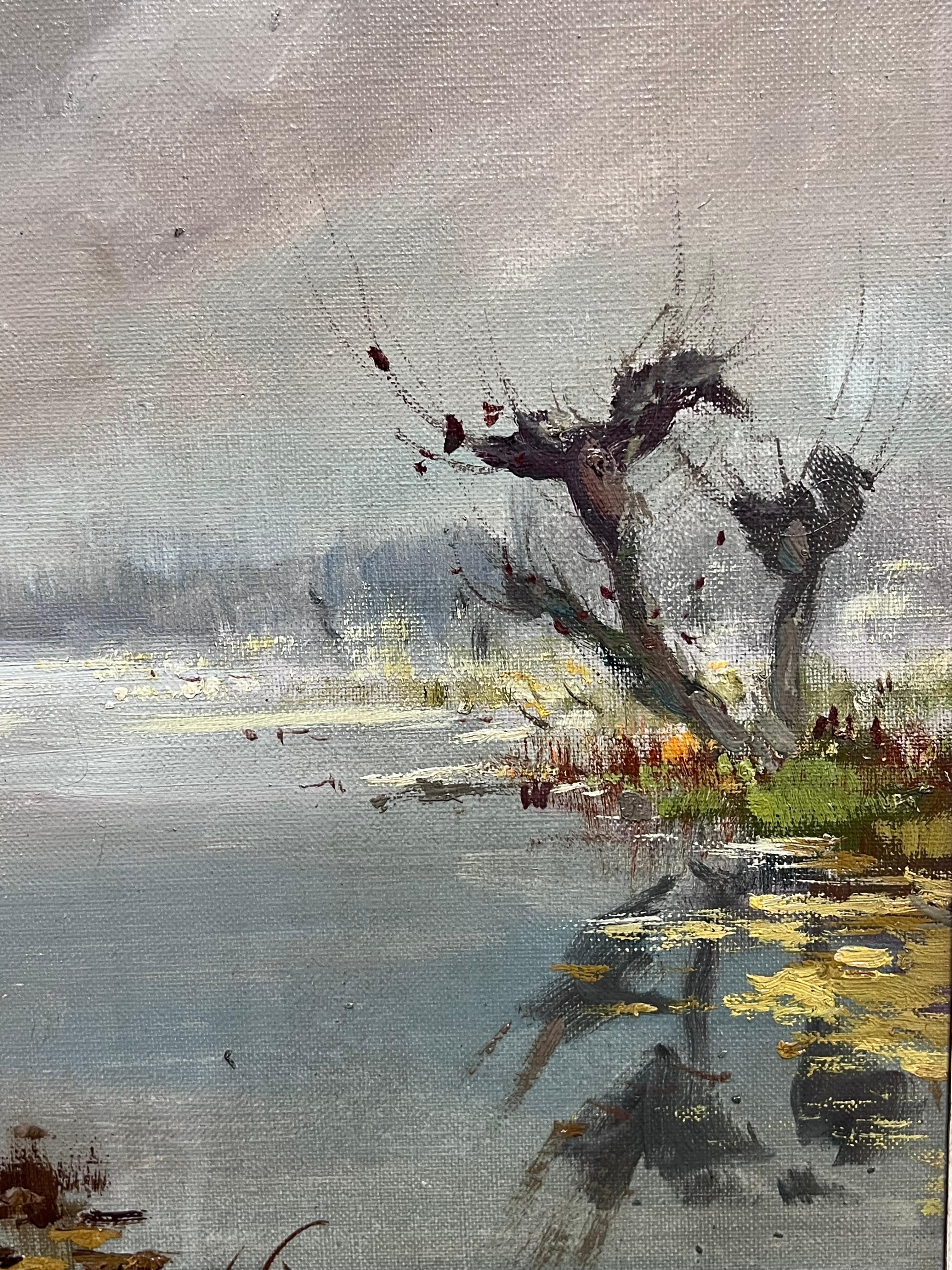 Enorme pittura ad olio firmata dall'impressionista belga Paesaggio di cottage fluviale spazzato dal vento in vendita 4