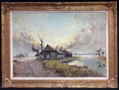 Huge Belgian Impressionist Signed Oil Painting Windswept River Cottage Landscape