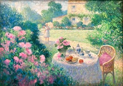 "Sunday Tea" Peinture à l'huile impressionniste et colorée, paysage floral, encadrée