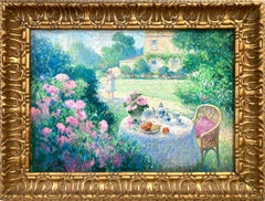 "Sunday Tea" Peinture à l'huile impressionniste et colorée, paysage floral, encadrée