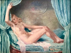 'Female Nude Behind Blue Curtains' by Henri Joseph Thomas (1878 – 1972)
