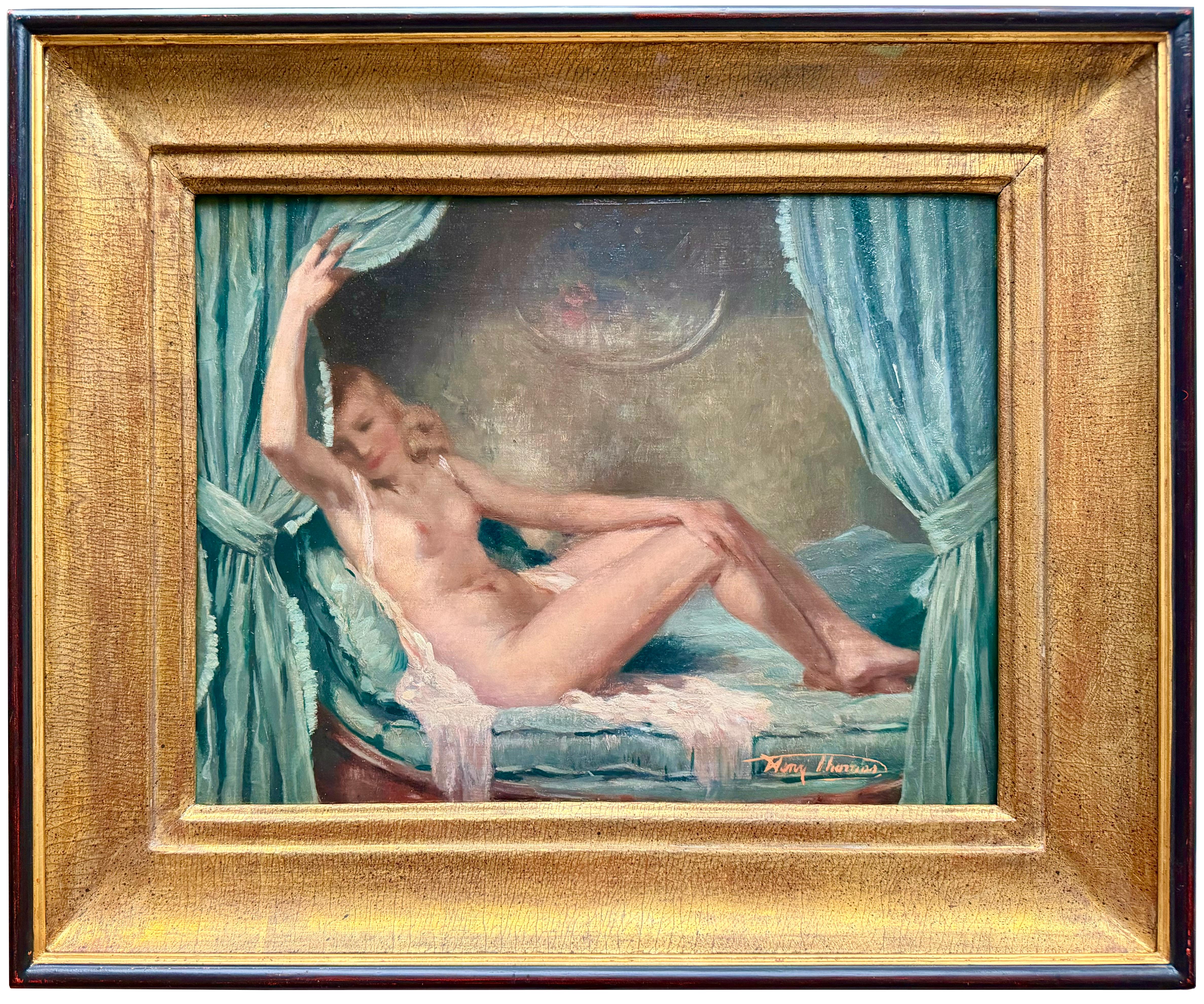 Henri Joseph Thomas
1878 – Brussels – 1972
Belgian Painter

'Female Nude Behind Blue Curtains'

Signature: signed lower right 'Henry Thomas'
Medium: oil on panel
Dimensions: image size 33 x 42 cm; frame size 44,5 x 54 cm

Biography: Henri Joseph