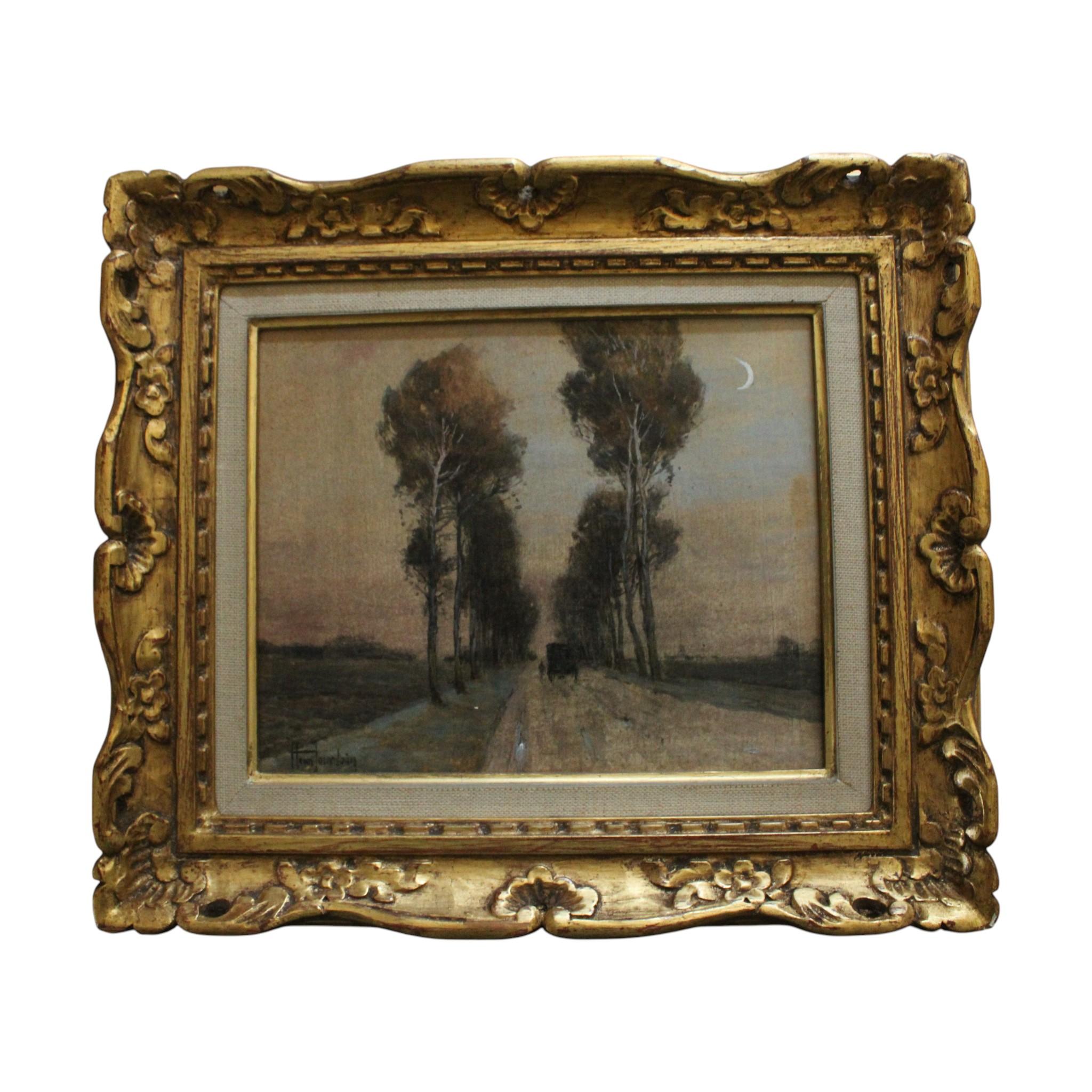 henri joudain Landscape Painting - Antique Landscape Oil Painting with horse drawn carriage on Fine Canvas Card