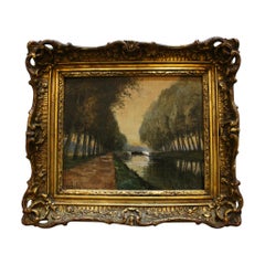 Antique French Barbizon Style Riverscape Painting by Henri Jordain